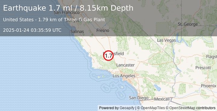 Earthquake 15 km NNE of Taft, CA (1.7 ml) (2025-01-24 03:35:59 UTC)