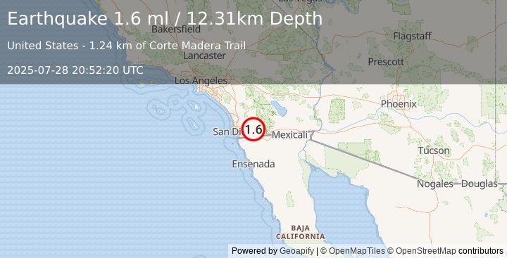 Earthquake 8 km WSW of Pine Valley, CA (1.6 ml) (2025-07-28 20:52:20 UTC)