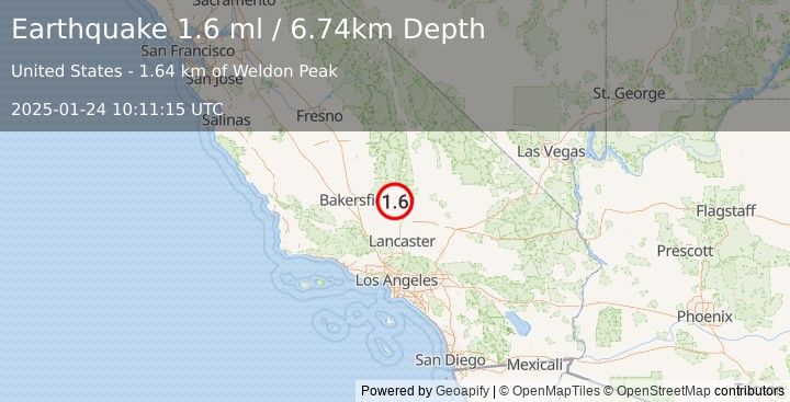 Earthquake 29 km NNE of Tehachapi, CA (1.6 ml) (2025-01-24 10:11:15 UTC)