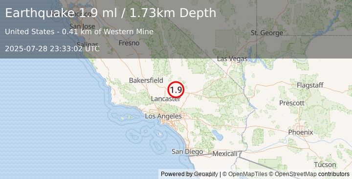 Earthquake 4 km NNW of Boron, CA (1.9 ml) (2025-07-28 23:33:02 UTC)