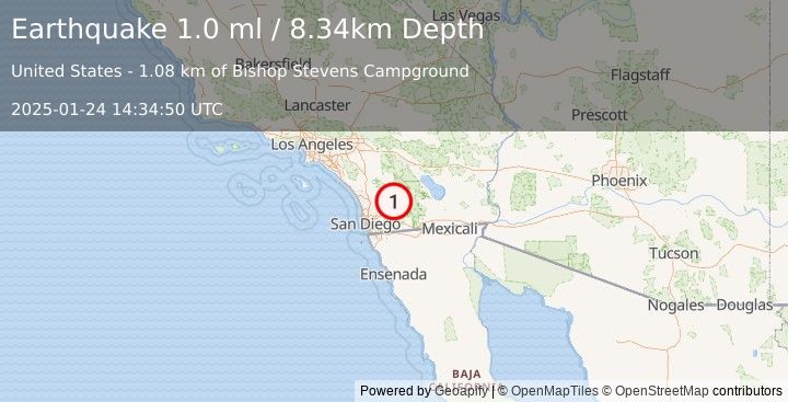 Earthquake 2 km NNE of Julian, CA (1.0 ml) (2025-01-24 14:34:50 UTC)