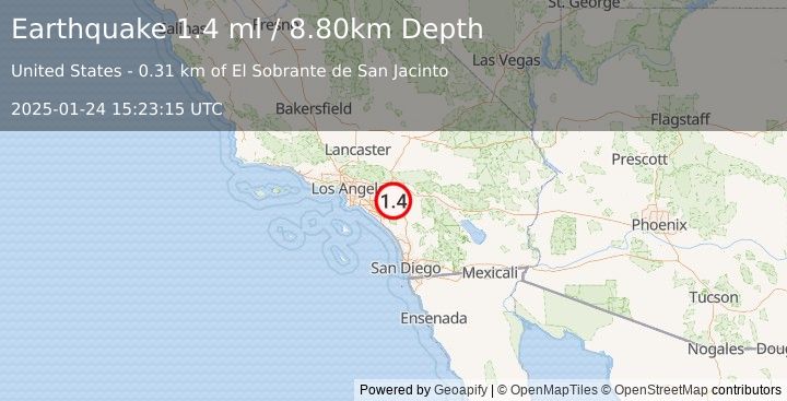 Earthquake 3 km SSE of Mentone, CA (1.2 ml) (2025-01-24 15:23:20 UTC)