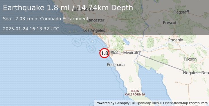 Earthquake 27 km WSW of Coronado, CA (1.8 ml) (2025-01-24 16:13:32 UTC)