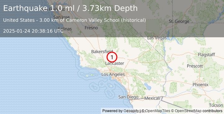 Earthquake 14 km SE of Tehachapi, CA (1.0 ml) (2025-01-24 20:38:15 UTC)