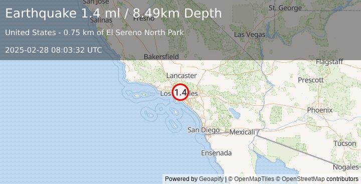 Earthquake 3 km SW of South Pasadena, CA (1.4 ml) (2025-02-28 08:03:32 UTC)