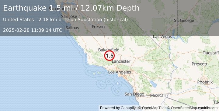 Earthquake 11 km NNW of Grapevine, CA (1.5 ml) (2025-02-28 11:09:14 UTC)