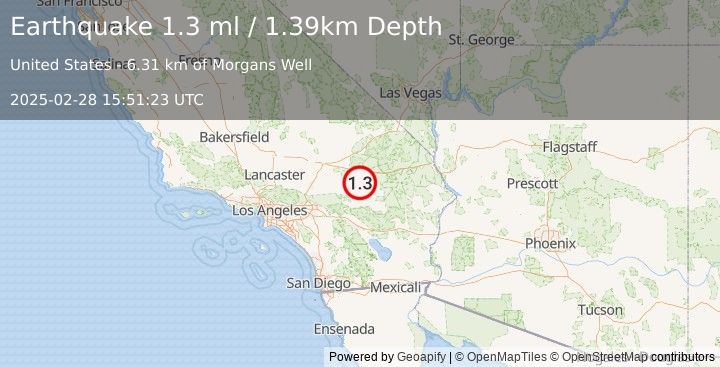 Earthquake 23 km SSW of Ludlow, CA (1.3 ml) (2025-02-28 15:51:23 UTC)