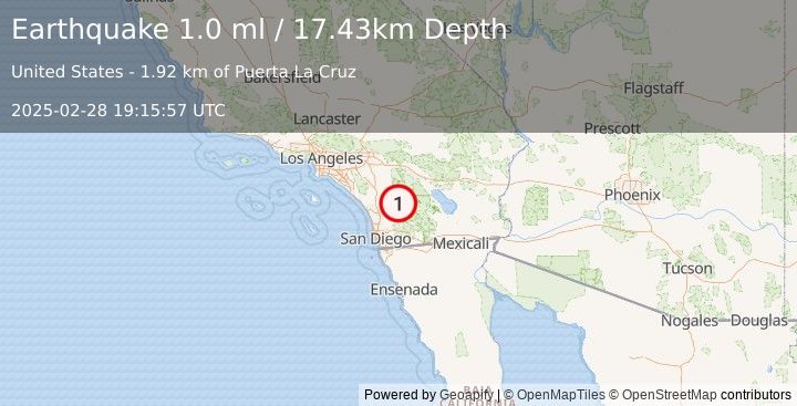 Earthquake 8 km WNW of Warner Springs, CA (1.0 ml) (2025-02-28 19:15:57 UTC)