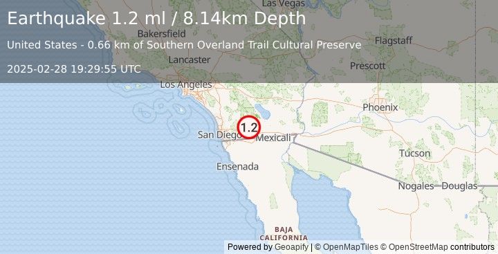 Earthquake 27 km SSW of Ocotillo Wells, CA (1.2 ml) (2025-02-28 19:29:55 UTC)