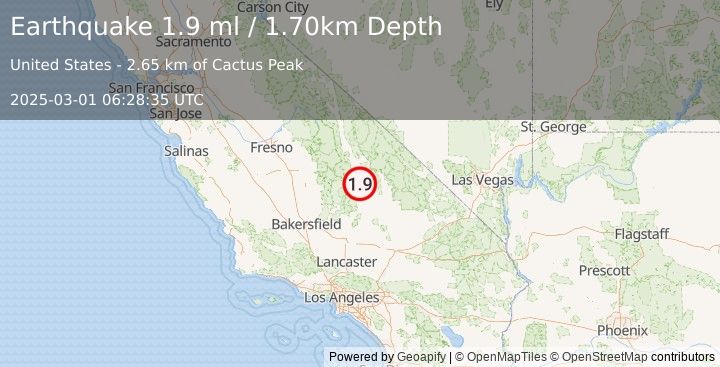 Earthquake 11 km ENE of Coso Junction, CA (1.9 ml) (2025-03-01 06:28:35 UTC)