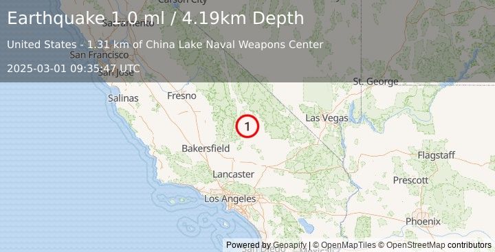 Earthquake 20 km E of Little Lake, CA (1.0 ml) (2025-03-01 09:35:47 UTC)