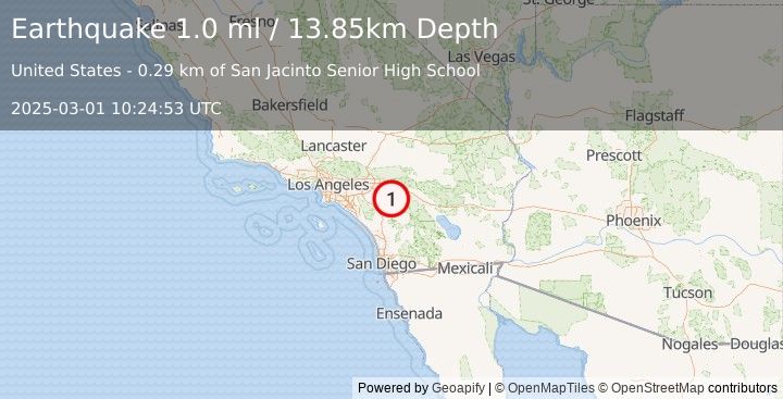 Earthquake 1 km NNW of San Jacinto, CA (1.0 ml) (2025-03-01 10:24:53 UTC)