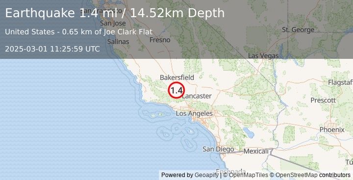 Earthquake 11 km WSW of Grapevine, CA (1.4 ml) (2025-03-01 11:25:59 UTC)