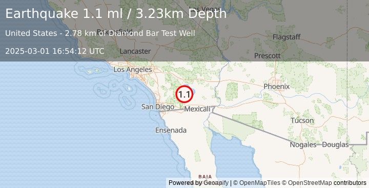 Earthquake 11 km ENE of Ocotillo Wells, CA (1.1 ml) (2025-03-01 16:54:12 UTC)