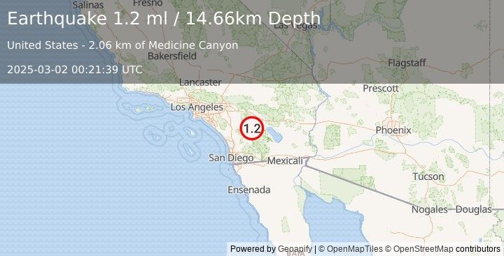 Earthquake 16 km ESE of Anza, CA (1.2 ml) (2025-03-02 00:21:39 UTC)