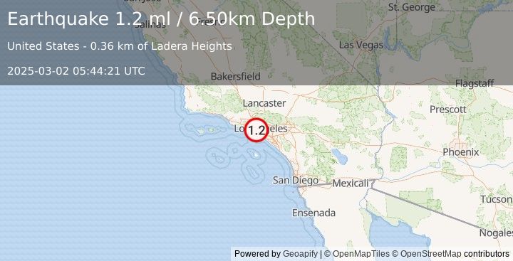 Earthquake 1 km S of Baldwin Hills, CA (1.2 ml) (2025-03-02 05:44:21 UTC)