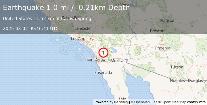 Earthquake 9 km NNE of Julian, CA (1.0 ml) (2025-03-02 09:46:41 UTC)