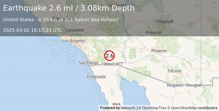 Earthquake 13 km NNW of Westmorland, CA (2.6 ml) (2025-03-02 16:17:23 UTC)