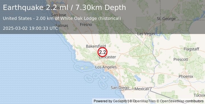 Earthquake 15 km SSW of Tehachapi, CA (2.2 ml) (2025-03-02 19:00:33 UTC)