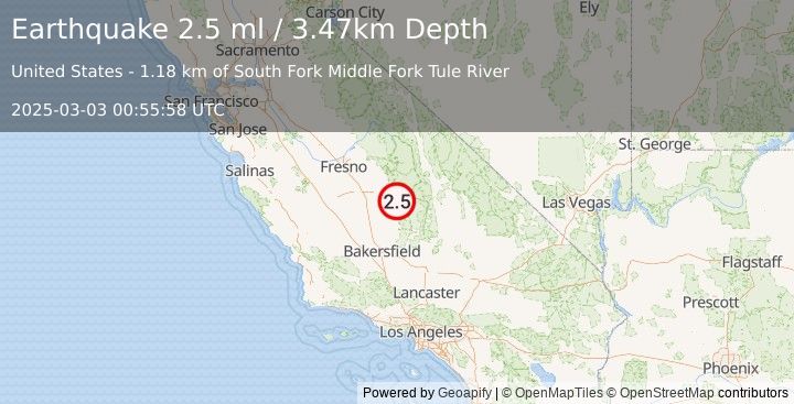 Earthquake 29 km ENE of Porterville, CA (2.5 ml) (2025-03-03 00:55:58 UTC)