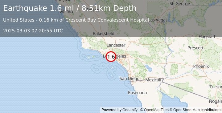 Earthquake 3 km NE of Marina del Rey, CA (1.6 ml) (2025-03-03 07:20:56 UTC)