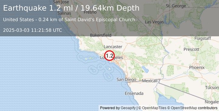 Earthquake 1 km SSW of North Hollywood, CA (1.2 ml) (2025-03-03 11:21:58 UTC)