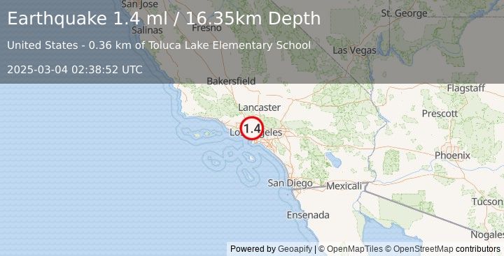 Earthquake 2 km SE of North Hollywood, CA (1.4 ml) (2025-03-04 02:38:52 UTC)