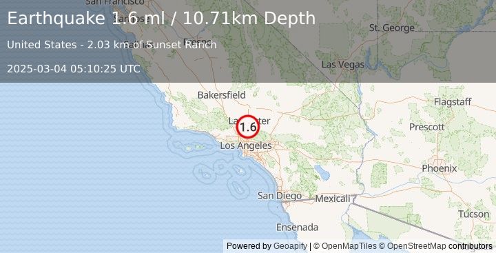 Earthquake 7 km NW of Vincent, CA (1.6 ml) (2025-03-04 05:10:25 UTC)