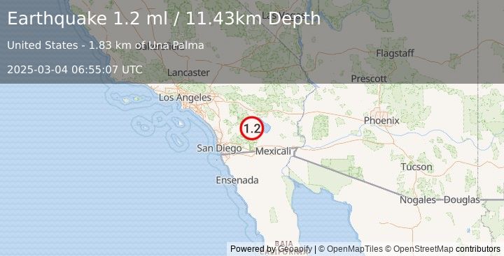 Earthquake 11 km N of Ocotillo Wells, CA (1.2 ml) (2025-03-04 06:55:07 UTC)