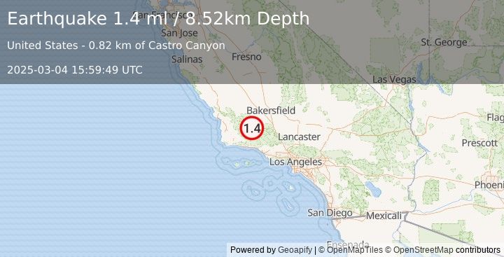 Earthquake 26 km SW of Maricopa, CA (1.4 ml) (2025-03-04 15:59:49 UTC)