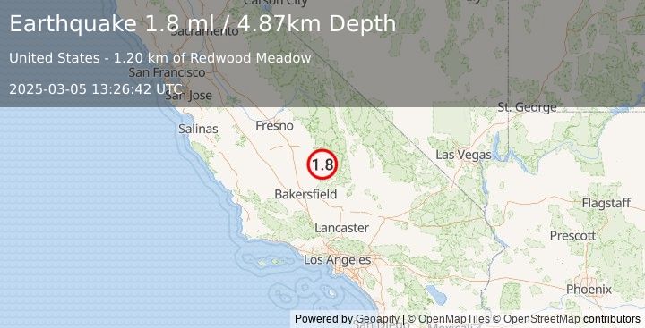 Earthquake 29 km NW of Kernville, CA (1.8 ml) (2025-03-05 13:26:42 UTC)