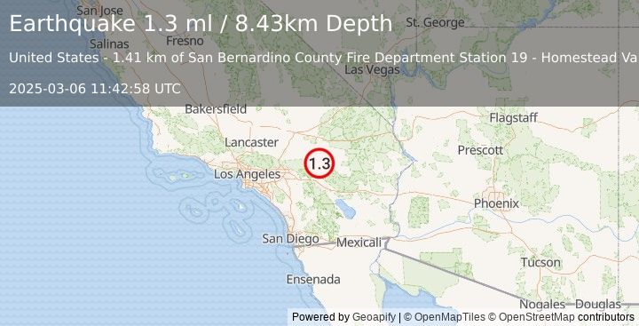 Earthquake 17 km N of Yucca Valley, CA (1.3 ml) (2025-03-06 11:42:58 UTC)