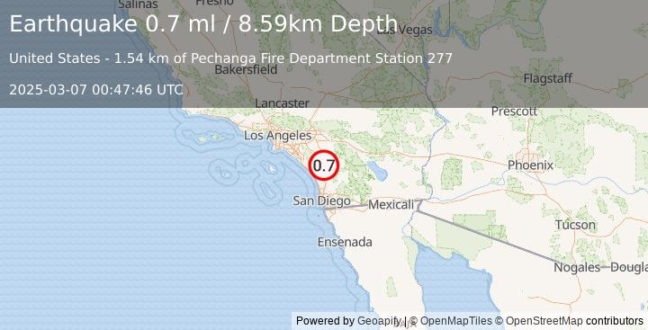 Earthquake 7 km SSE of Temecula, CA (0.7 ml) (2025-03-07 00:47:46 UTC)