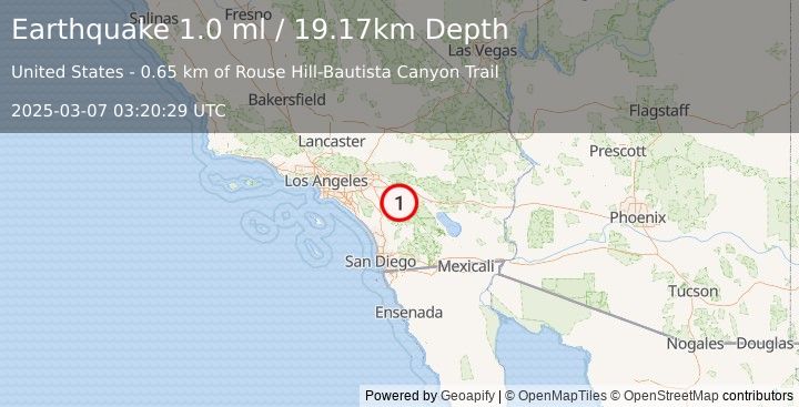 Earthquake 9 km SW of Idyllwild, CA (0.9 ml) (2025-03-07 03:20:30 UTC)