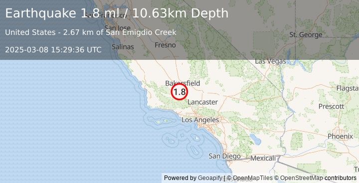 Earthquake 22 km E of Maricopa, CA (1.8 ml) (2025-03-08 15:29:36 UTC)