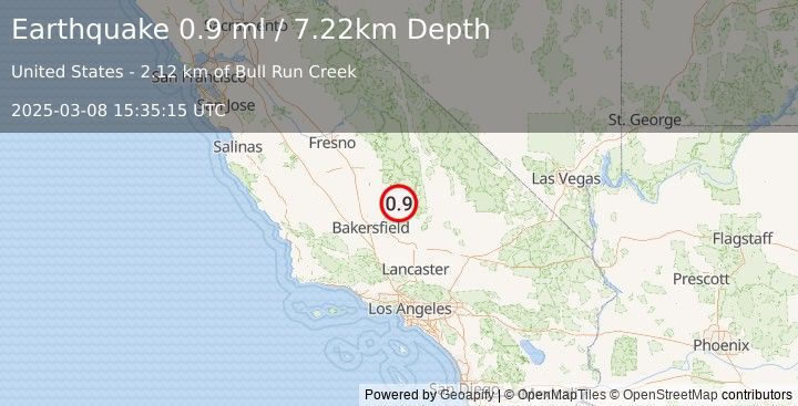 Earthquake 3 km WNW of Kernville, CA (0.9 ml) (2025-03-08 15:35:15 UTC)