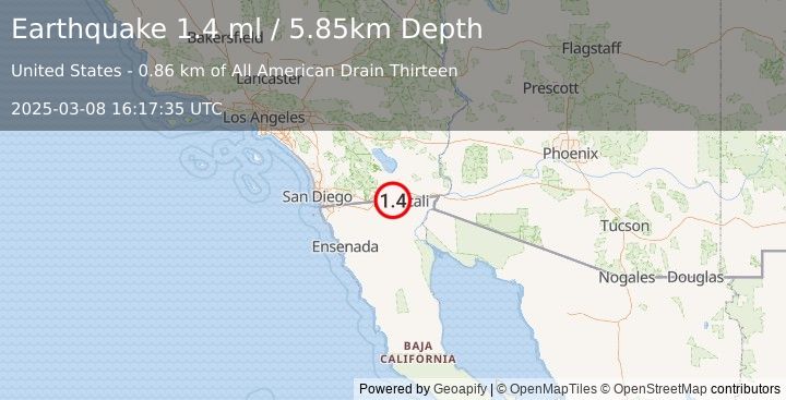 Earthquake 10 km NW of Progreso, B.C., MX (1.4 ml) (2025-03-08 16:17:35 UTC)