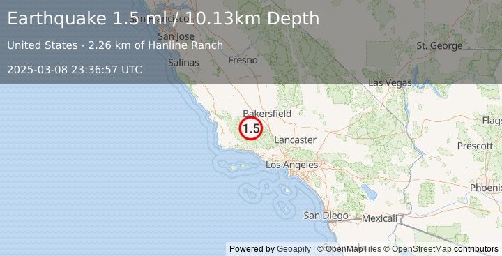 Earthquake 14 km WSW of Maricopa, CA (1.5 ml) (2025-03-08 23:36:57 UTC)