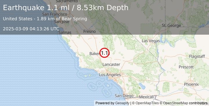 Earthquake 25 km SW of Bodfish, CA (1.1 ml) (2025-03-09 04:13:26 UTC)