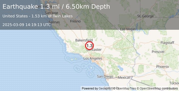 Earthquake 18 km SSW of Tehachapi, CA (1.3 ml) (2025-03-09 14:19:13 UTC)