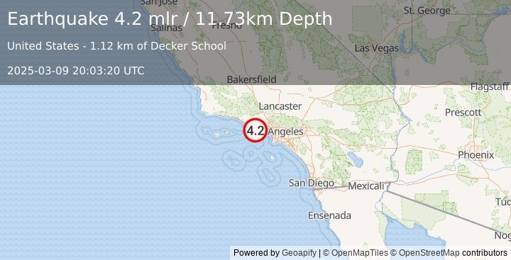 Earthquake 11 km SW of Westlake Village, CA (4.2 mlr) (2025-03-09 20:03:20 UTC)