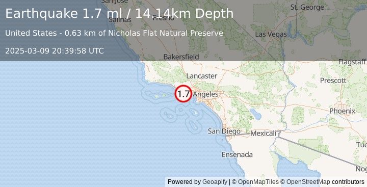 Earthquake 12 km NW of Malibu, CA (1.7 ml) (2025-03-09 20:39:58 UTC)