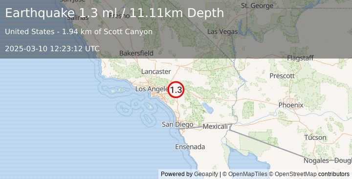 Earthquake 4 km SE of Loma Linda, CA (1.3 ml) (2025-03-10 12:23:12 UTC)