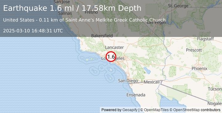 Earthquake 2 km ENE of Studio City, CA (1.6 ml) (2025-03-10 16:48:31 UTC)