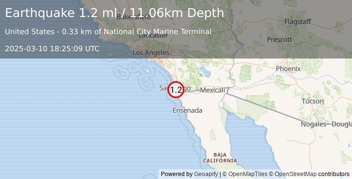 Earthquake 6 km NW of Imperial Beach, CA (1.2 ml) (2025-03-10 18:25:08 UTC)