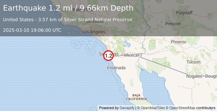 Earthquake 6 km WNW of Imperial Beach, CA (1.2 ml) (2025-03-10 19:06:00 UTC)