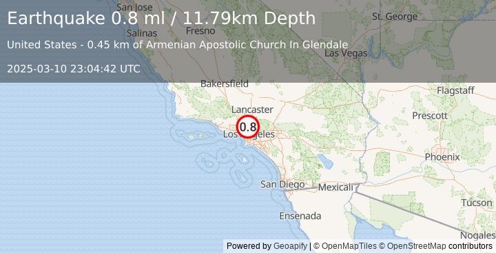 Earthquake 3 km ESE of Sunland, CA (0.8 ml) (2025-03-10 23:04:42 UTC)