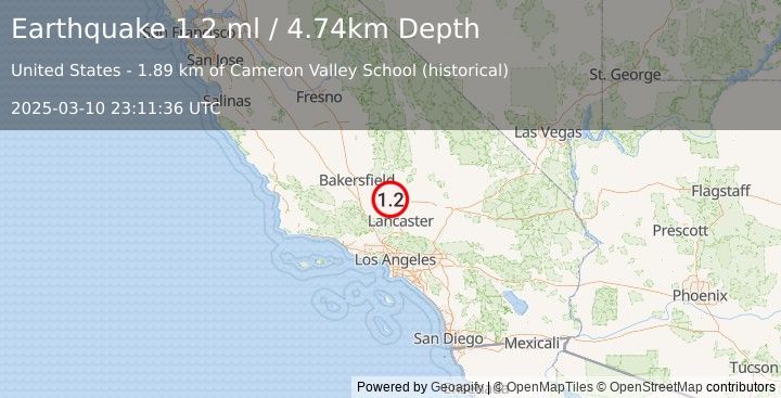 Earthquake 13 km SE of Tehachapi, CA (1.2 ml) (2025-03-10 23:11:36 UTC)