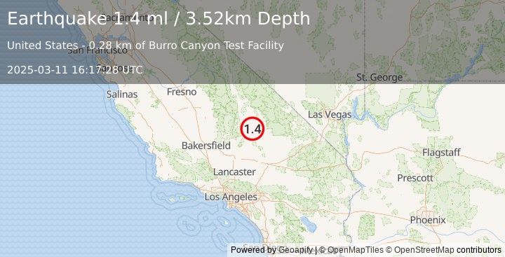 Earthquake 15 km WNW of Searles Valley, CA (1.4 ml) (2025-03-11 16:17:28 UTC)