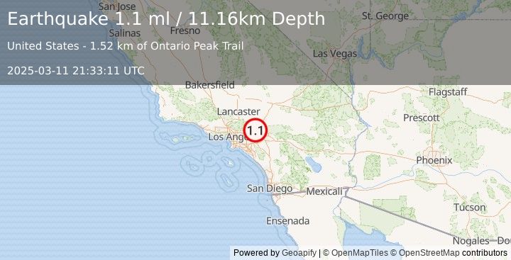 Earthquake 11 km WSW of Lytle Creek, CA (1.1 ml) (2025-03-11 21:33:11 UTC)